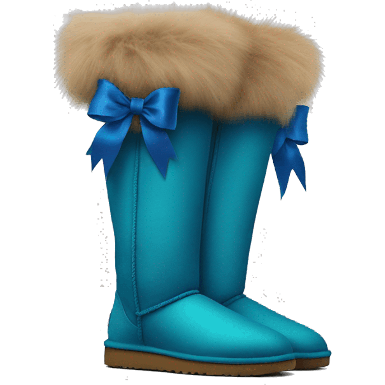 Tall Pair of peacock blue fur Ugg boots with silk ribbon bow. emoji