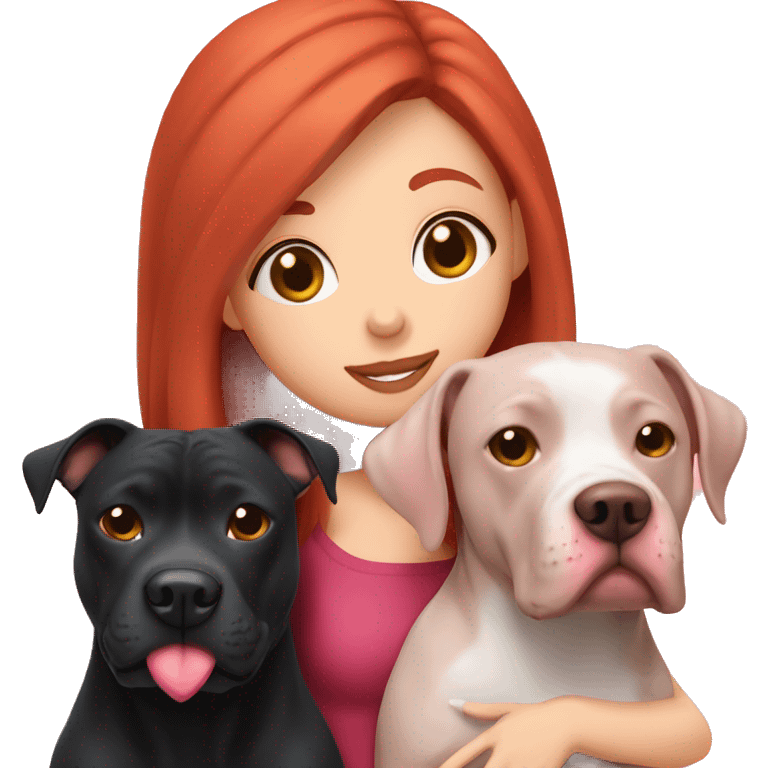 Girl with red hair kissing big black pitbull dog, pink hearts emoji