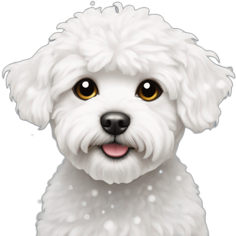 white maltipoo in the winter, having snow on the nose emoji