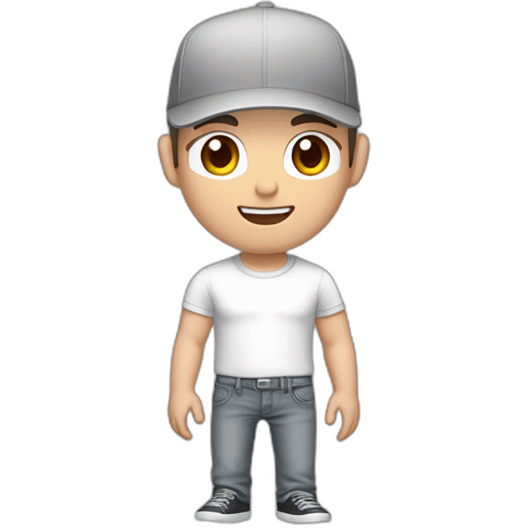 Pale skinned fit Man with dark brown hair in a white cap, gray jeans and gray polo T-shirt keeping a pasted with tape white box into his hands emoji