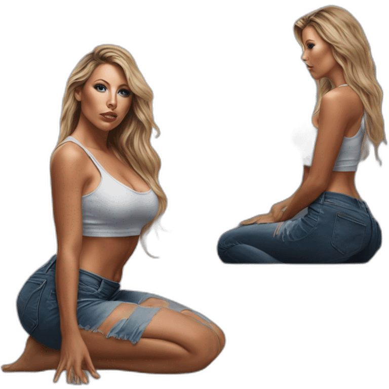 Hyper-realistic painting samantha saint kneeling pose behind view emoji