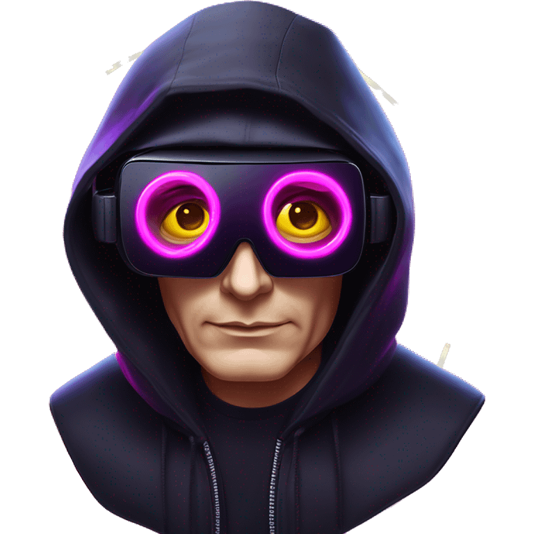 Vladimir Putin wearing a black hoodie with "OMG" letters on it and VR headset oculus quest 2 in a cyberpunk VR environment with violet neon lighting. emoji