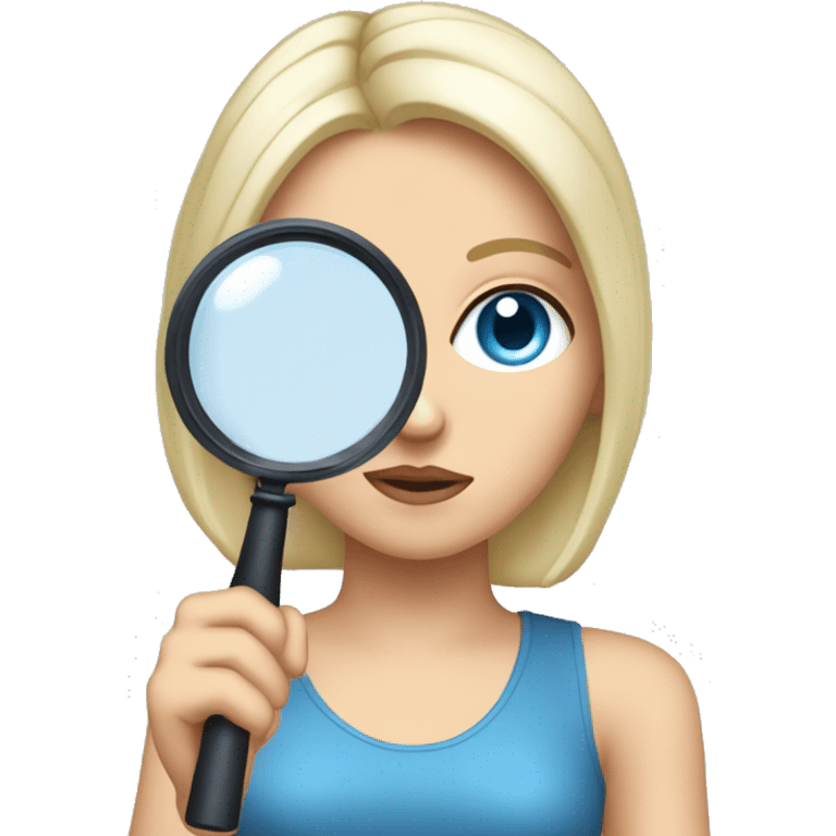 white girl with black hair and blue eyes holding a magnifying glass and suspisouce look emoji