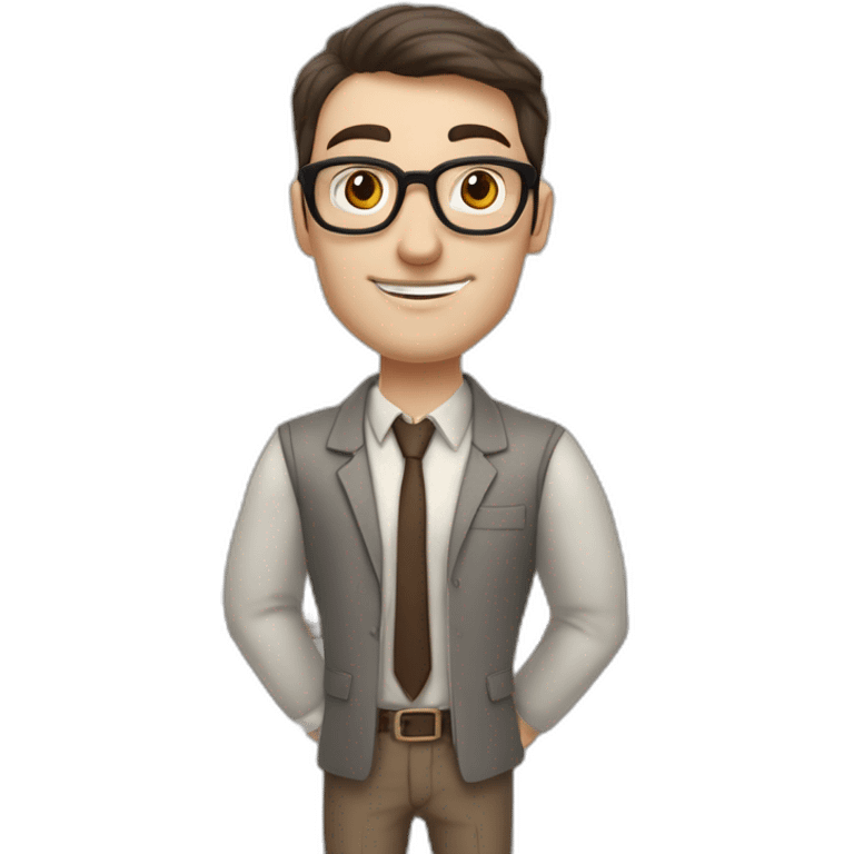 Pale skinned fit man with dark brown hair in gray jacket, beige office shirt, brown tie, brown pants and vintage glasses Writing on the flipchart emoji