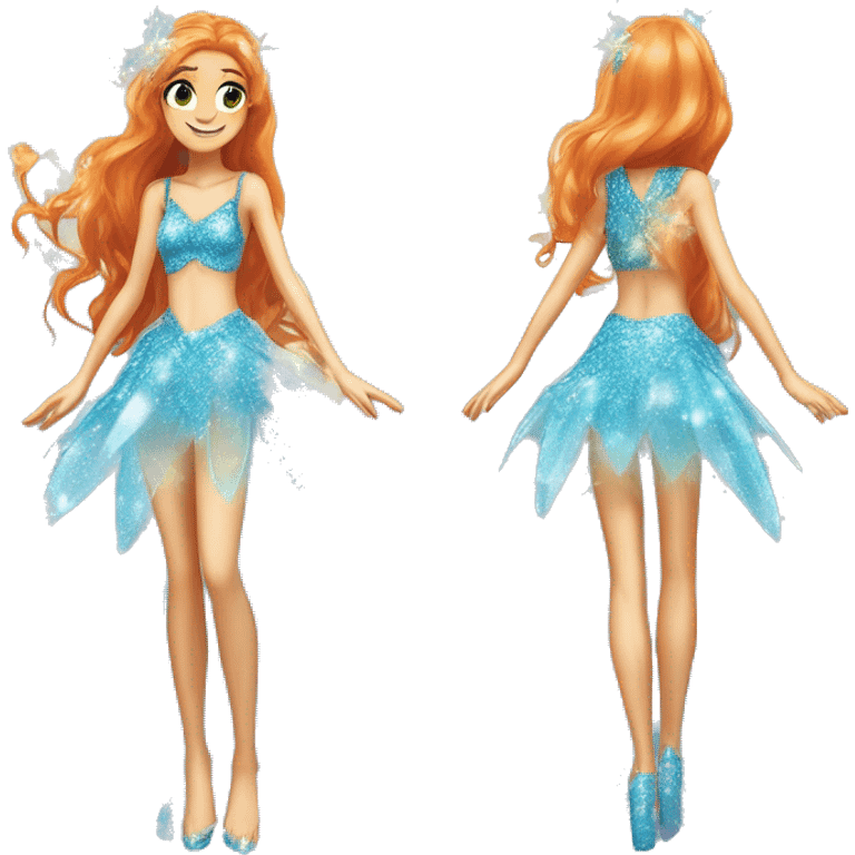 Bloom adult fairy of dragonflame in her enchantix fairy light blue sparkling two-piece clothing and fairy enchantix wings and long ginger hair in from winx club. Lots of sparkles and fairydust. Full body pic and full fairy bliss emoji