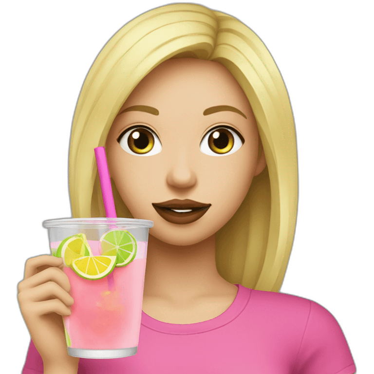 blonde girl straw drinking pink lemonade with one green lemon in the cup, with black watch black t shirt emoji