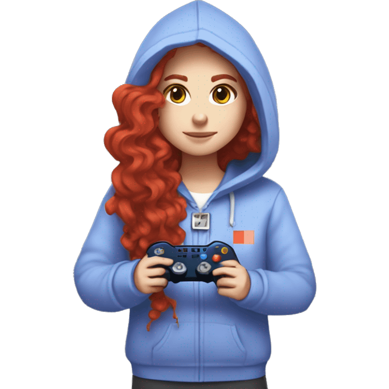 a white girl with long red curly hair, wearing periwinkle Minecraft hoodie holding a controller emoji