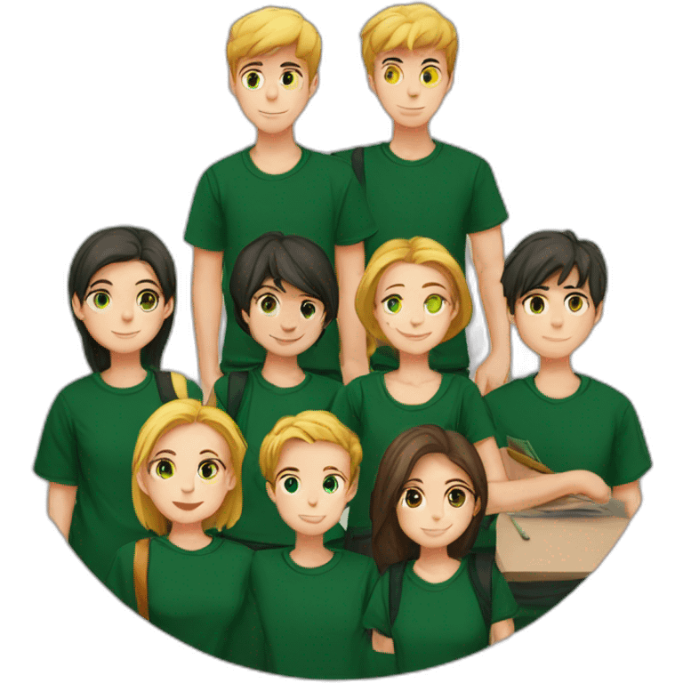 Student club with 3 boys and 4 girls wearing dark green T-shirt representend by a Simorgh emoji