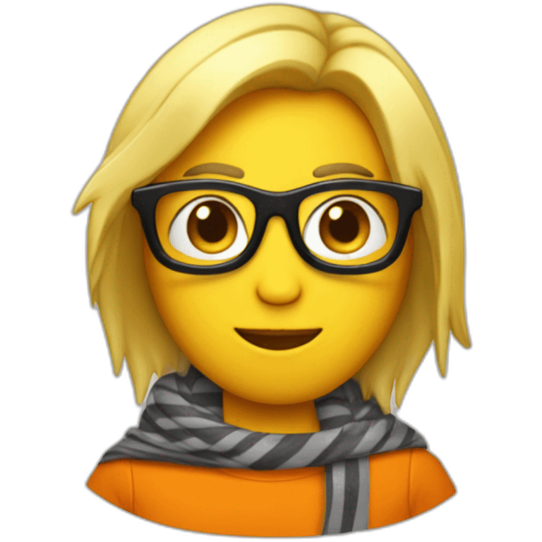 Club-Pengun-yellow penguin with black glasses dirtyblonde hair with orange tshirt and gray striped scarf emoji