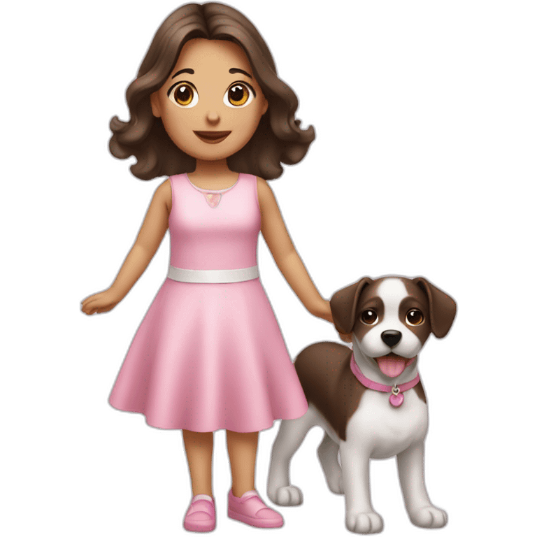 girl brunette with small white dog in pink dress emoji