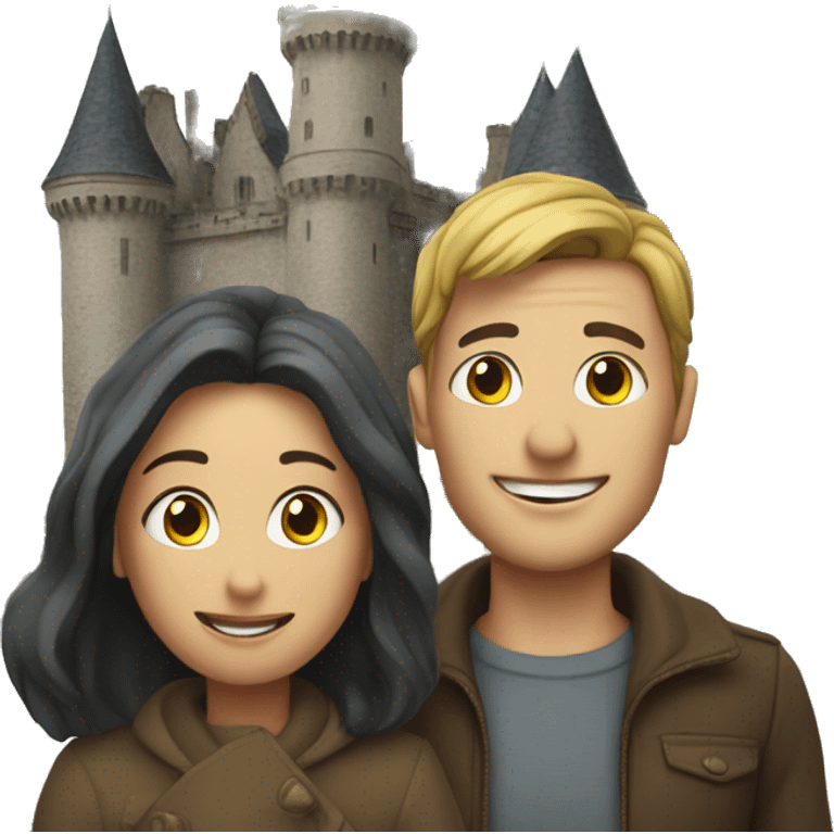 couple under cloudy sky behind a castle  emoji