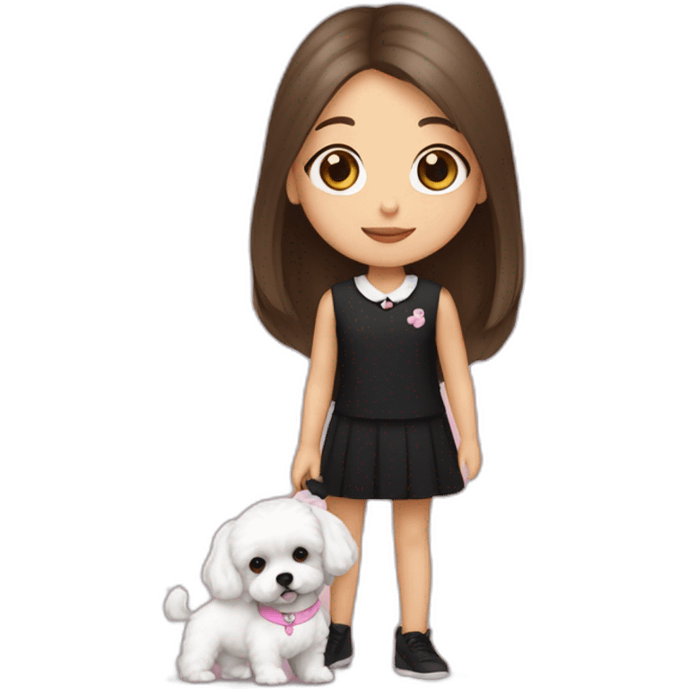 girl brunette with long straight hair dressed in black top hold on the hand, dressed small white puppy girl maltipoo with pink collar emoji