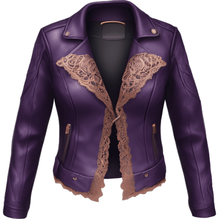 Realistic Isolated dark purple leather jacket open with rose gold lace bustier underneath.  emoji