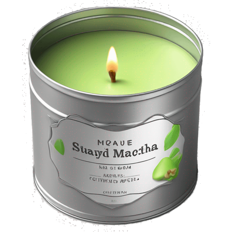 pretty matcha scented candle in silver tin with label realistic emoji