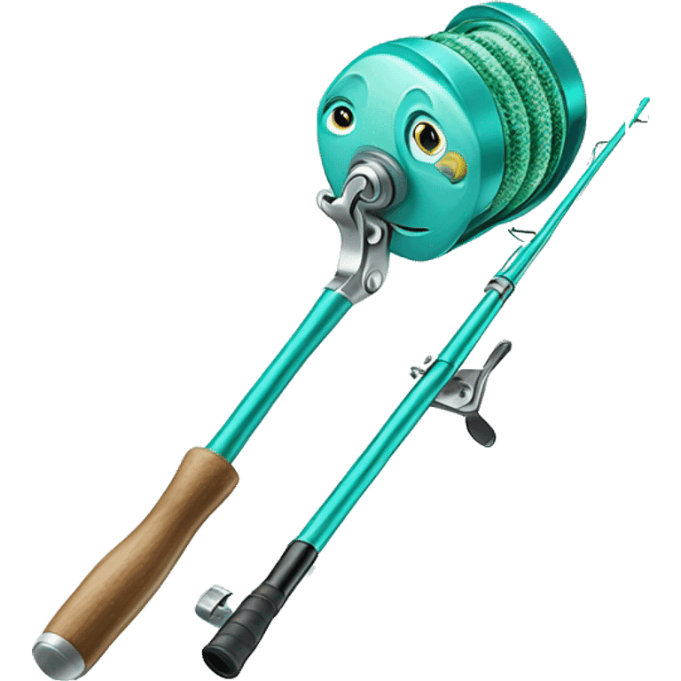 Realistic turquoise Fishing pole with reel emoji