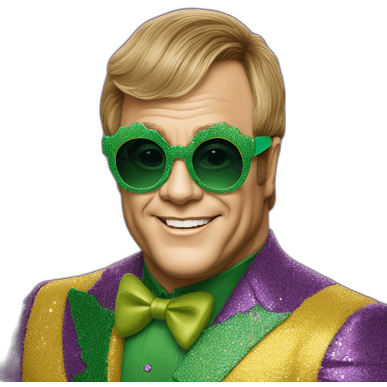 elton john wearing green multi-color oversized sunglasses with scalloped edges for mardi gras emoji