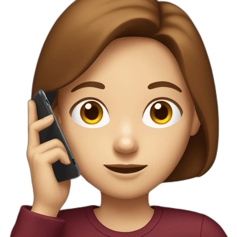 Young woman with brown bob hair with a phone in her hand in a burgundy T-shirt emoji