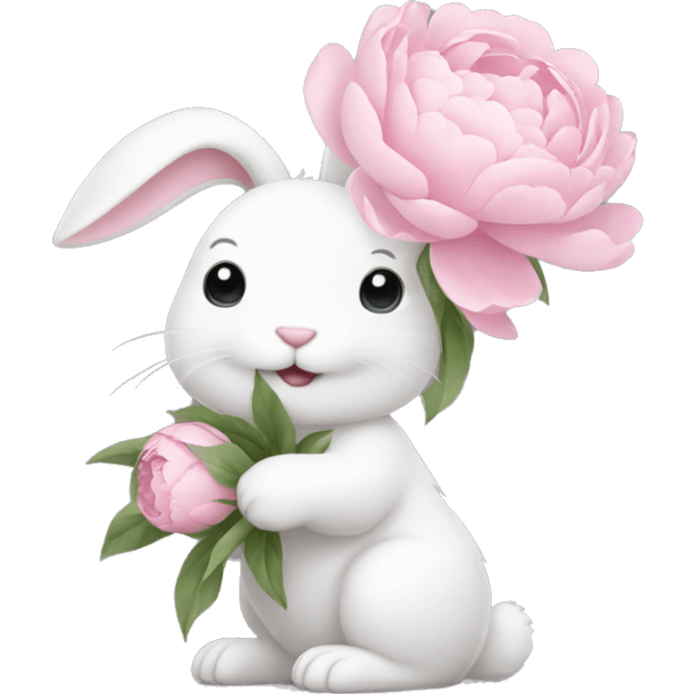 cute white bunny holding light pink peonies emoji