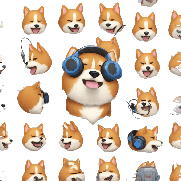 red-haired akita inu dog in pokemon kirby style, in blue jacket, with microphone and gaming headsets emoji