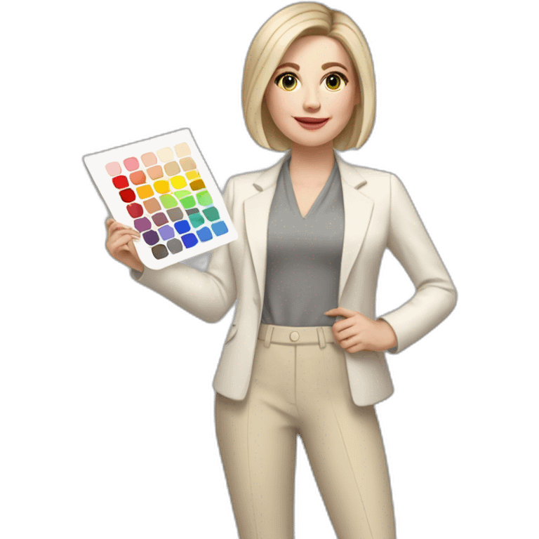 Full height pale skin woman with ash blonde Straightened bob Hair, White classical jacket, beige Arrow pants and gray blouse holding a color palette in the hands emoji