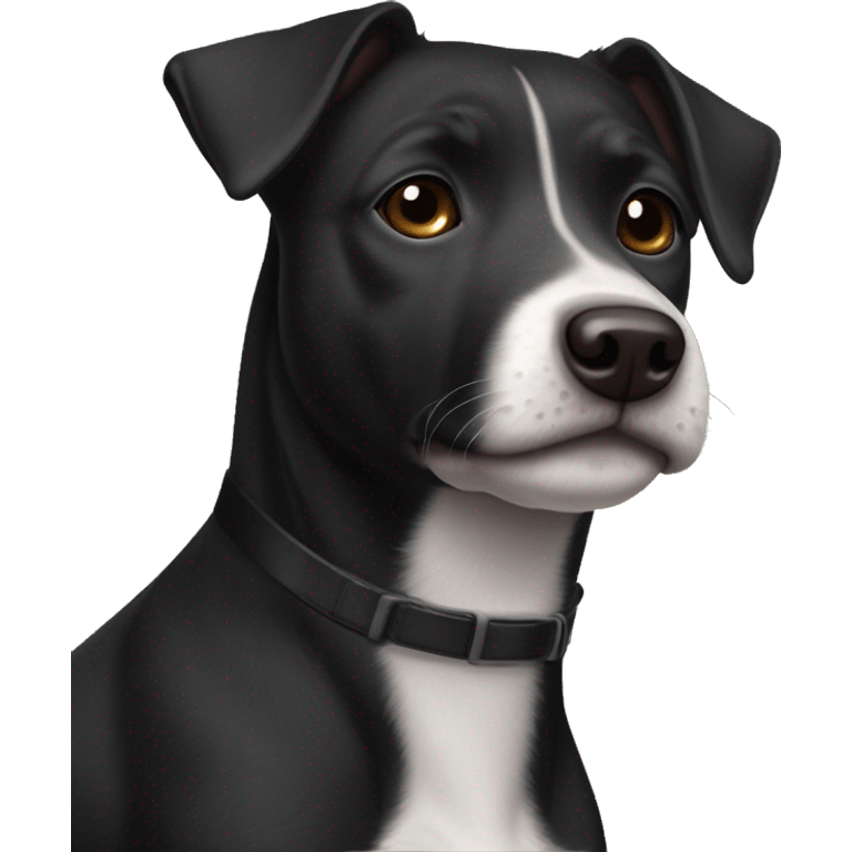 A black Patterdale Terrier dog with a white patch on its chest and brown eyes.  emoji