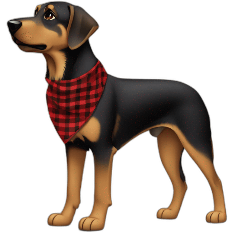 75% Coonhound 25% German Shepherd mix dog wearing small pointed red buffalo plaid bandana side view full body facing left emoji