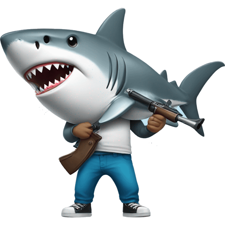 Shark holding a t-shirt gun emoji