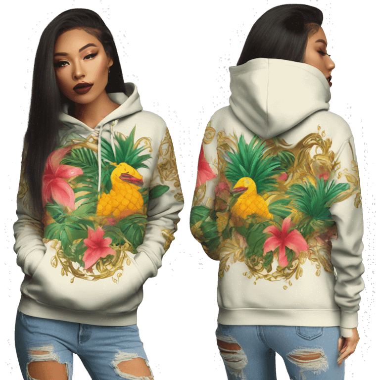 Trendy lady tropical multicoloured baroque hoodie with tattoos and gold chain emoji