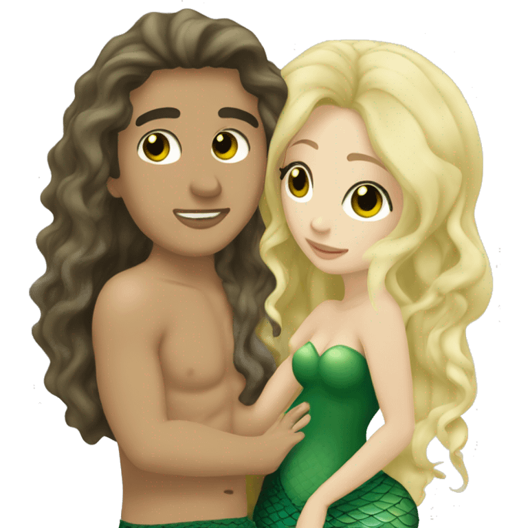 Intimate moment of Lovers. She is a mermaid, has blond wavy Hair and brown eyes. He is tall, black hair and has green eyes. Both have white skin. emoji