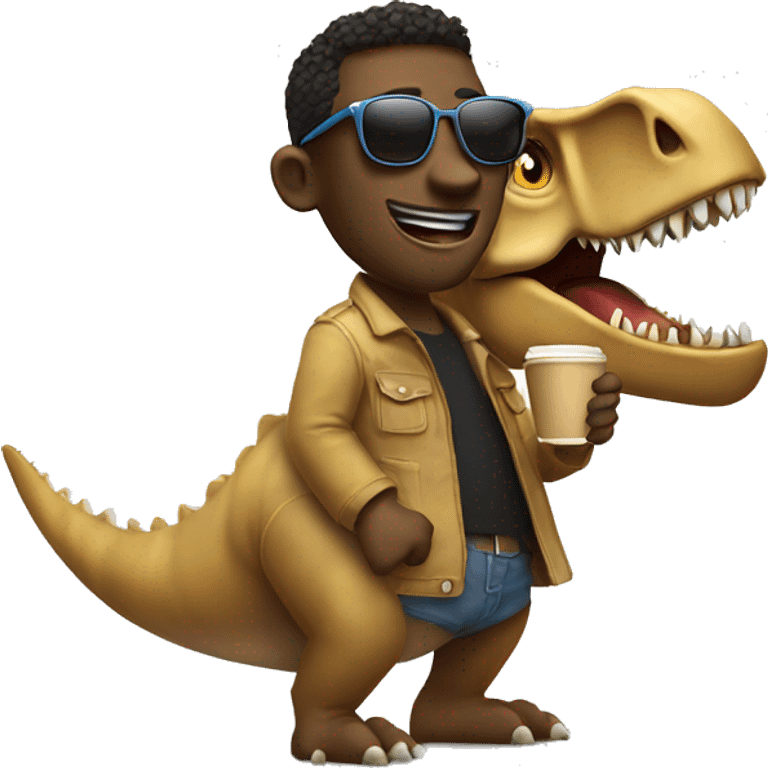 Cool guy with sunglasses drinking coffee on a dinosaur emoji