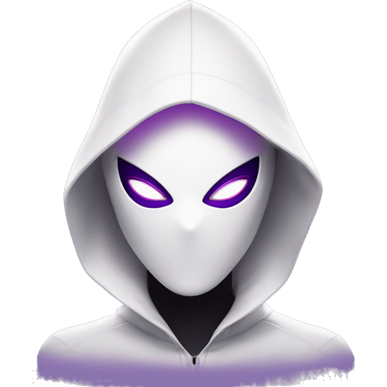 Android Spider-Gwen with a sleek, minimalist design, featuring a white mask and large purple eye shapes in an emoji-like style. She wears a high-tech suit with subtle web patterns on her arms, and a glowing hood resembling her iconic look emoji