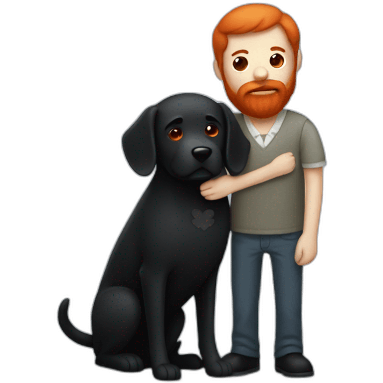 a serious slender man with a red beard hug a black Labrador emoji