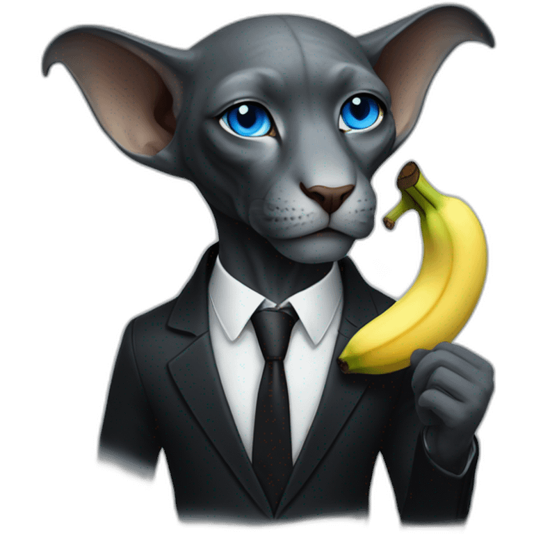 dark grey sphinx with bright blue eyes wearing black suit, calling on banana as phone, portrait emoji