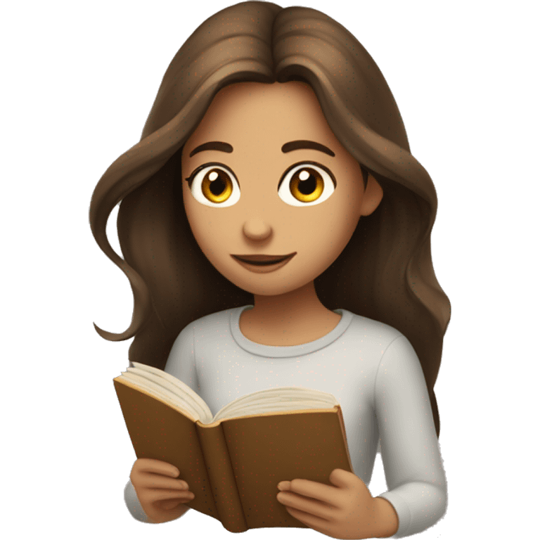 A girl with long brown hair reading a book no glasses emoji