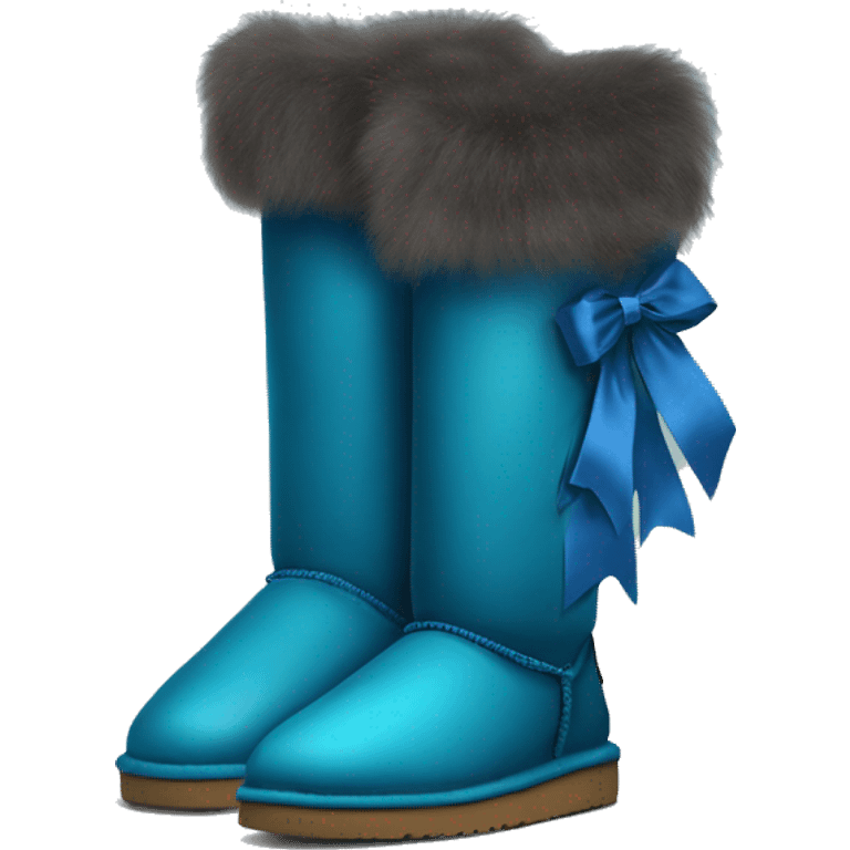 Tall Pair of peacock blue fur Ugg boots with silk ribbon bow. emoji