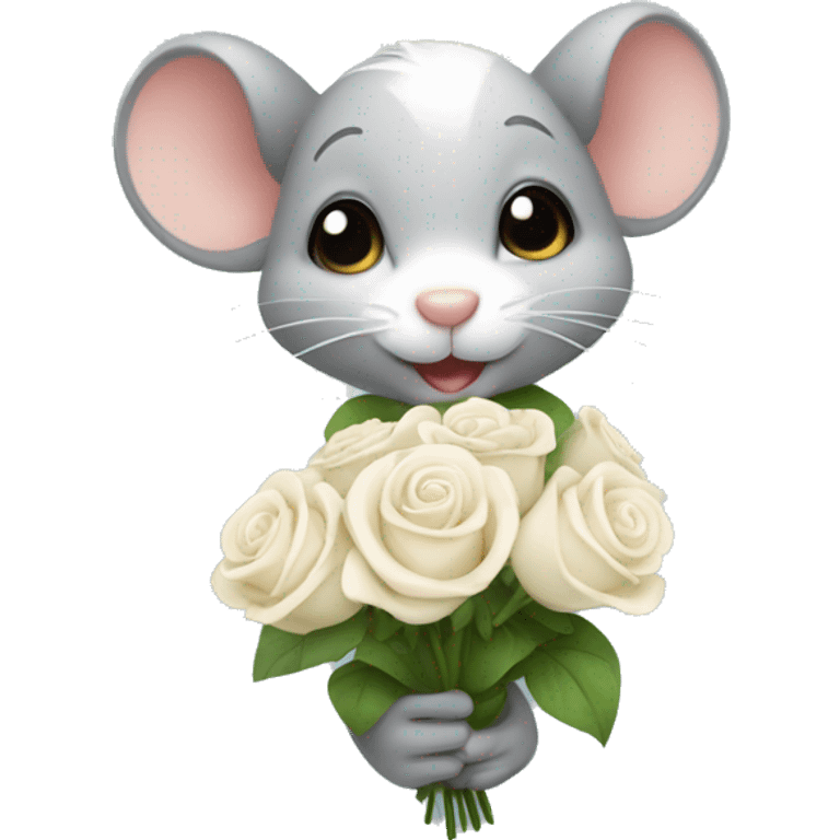 Cute mouse holding white rose bouquet  emoji