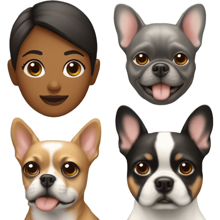 woman with two dogs: a pomeranian and a dark gray french bulldog emoji