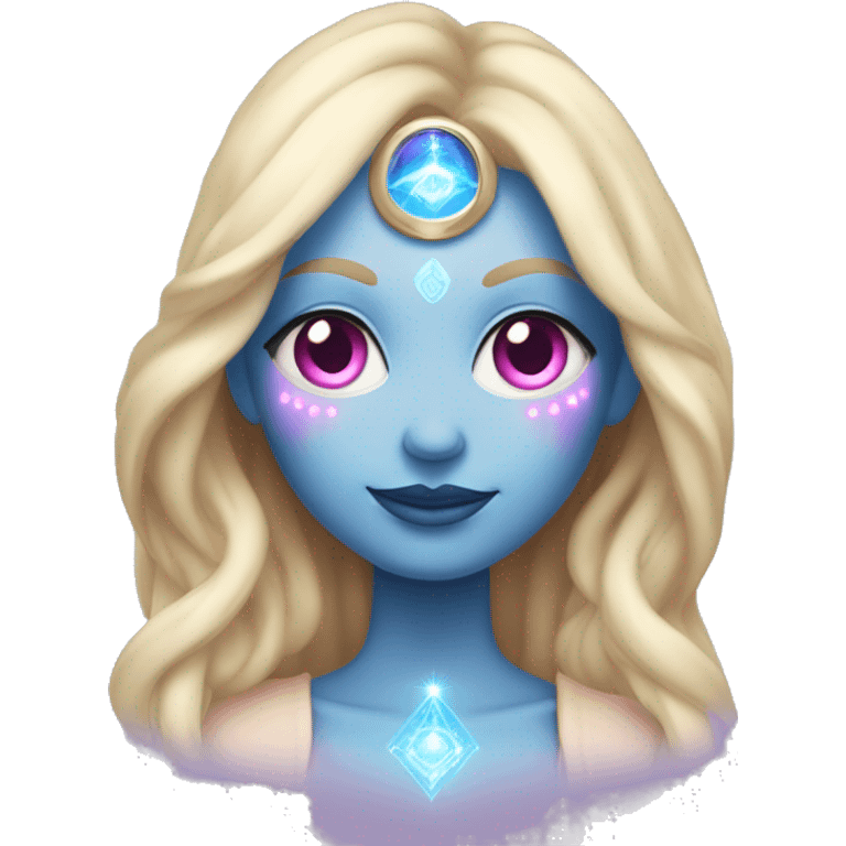 magical diva with thin pink andromedan face long blonde hair and blue eyes glowing third eye emoji