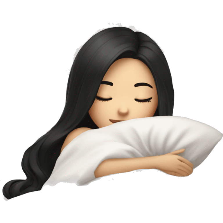 asian cute girl with long beauty black hair sleeping with white blanket and pillow emoji