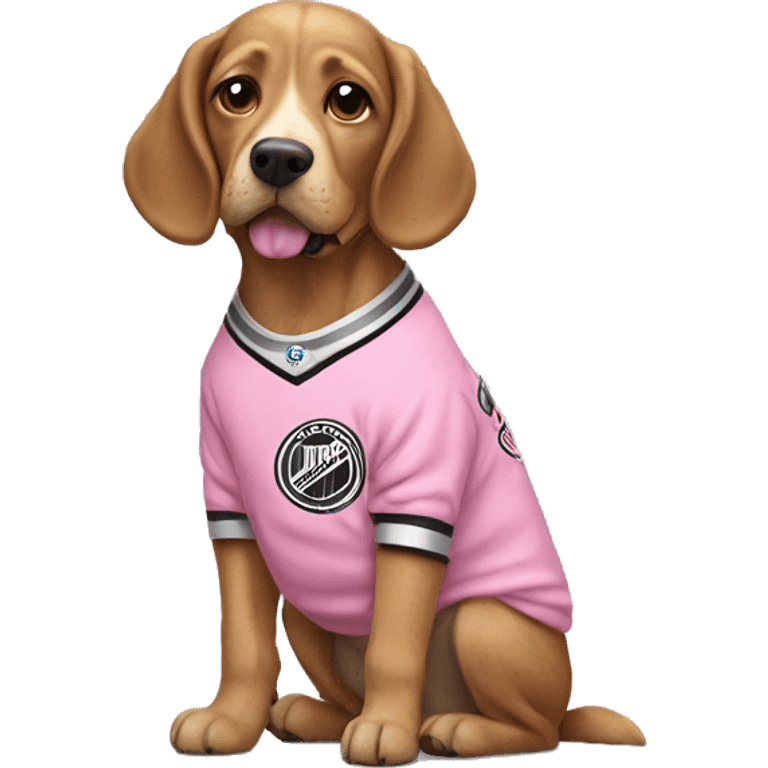 Dog wearing a pink bow sweatshirt with a Stanley cup emoji