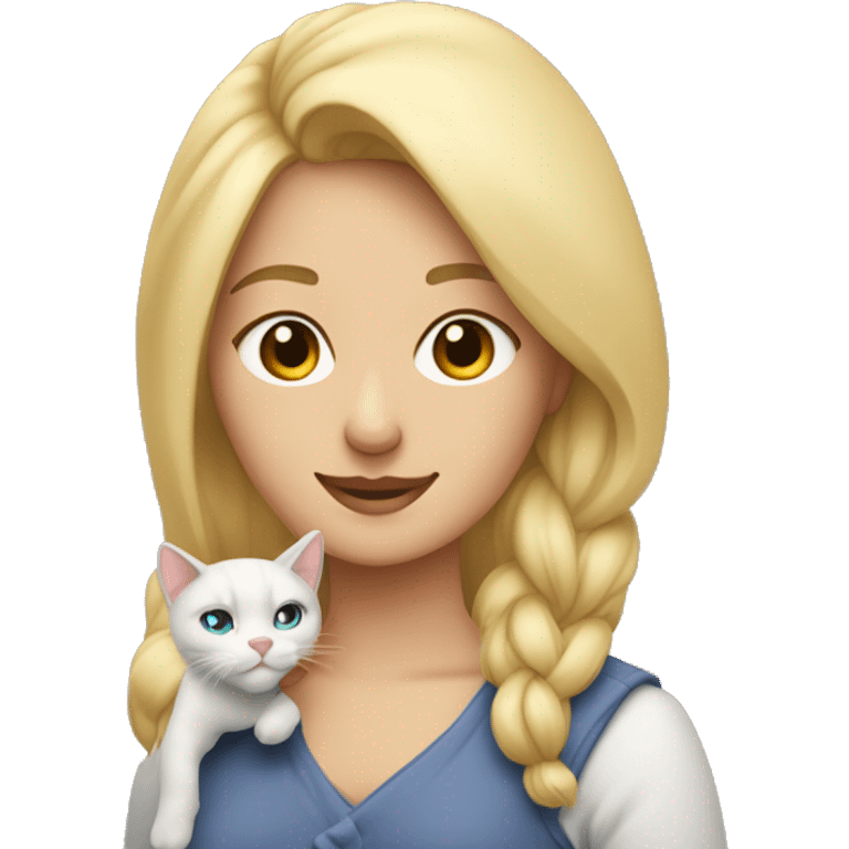 Una mujer rubia cargando a su gato balcino emoji