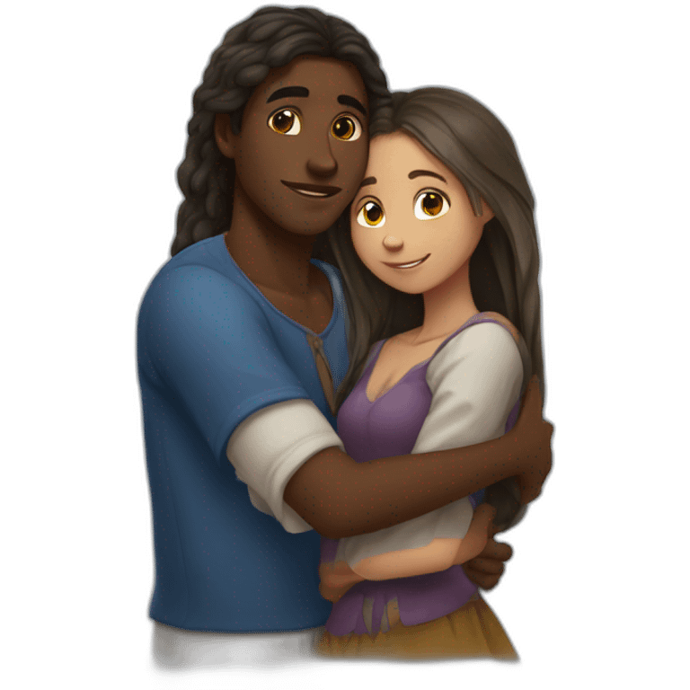 African young man hugging slavic girl with long hair emoji