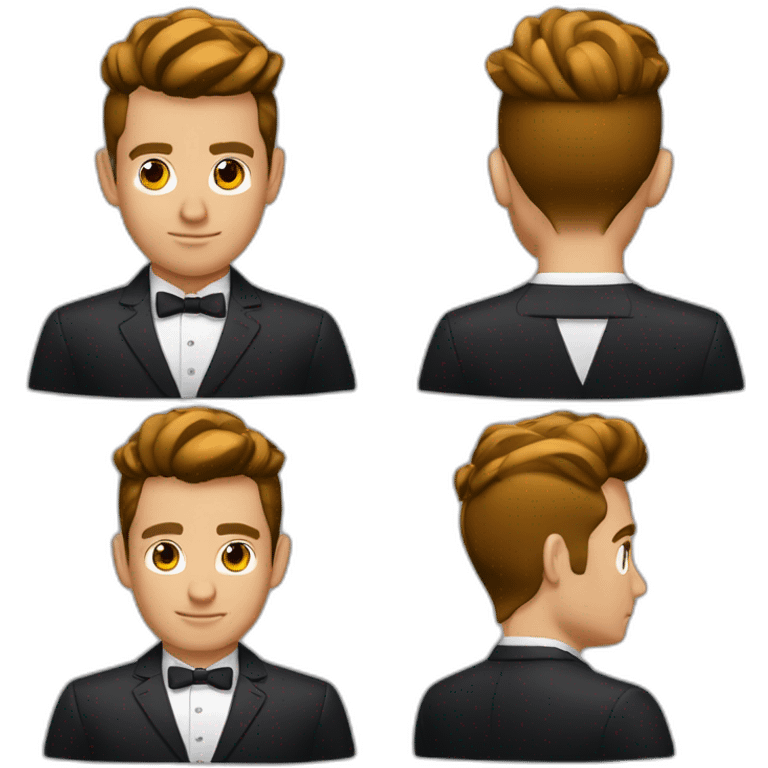 Quiff, 5'o clock shadow, short man, dark brown skin, wearing airpods pro 2, formal wear, round face, medium sized nose, brown eyes emoji