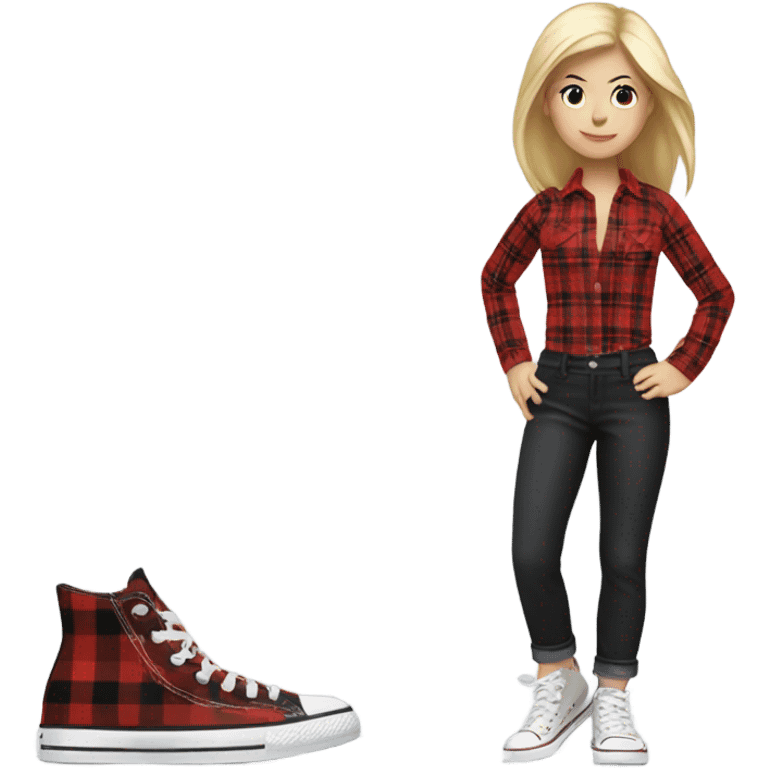 Blonde girl in white platform converse and black pants with red plaid shirt emoji