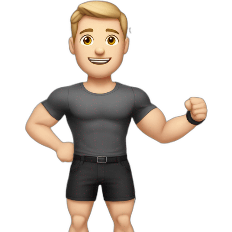 To belt Pale skinned Fit Man With the biceps and light brown hair in black shirt, gray sports shorts and white Sneakers Writing text on the flipchart emoji