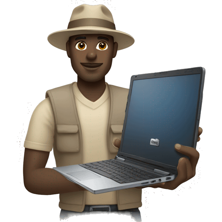 black guy wearing beige hat holding a dell precision 5680 laptop emoji