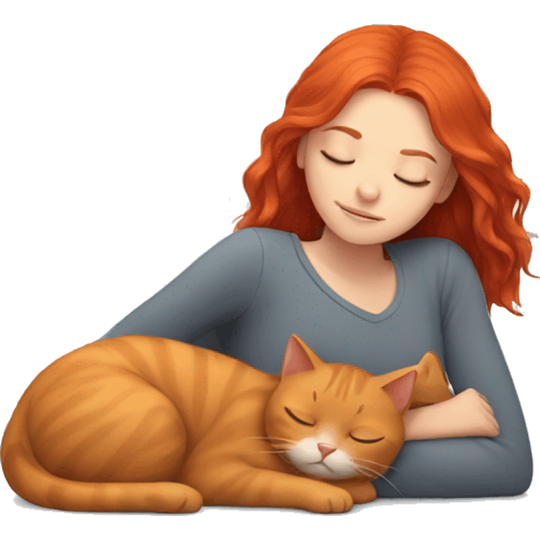 Girl with red hair sleeping next to a gray cat emoji