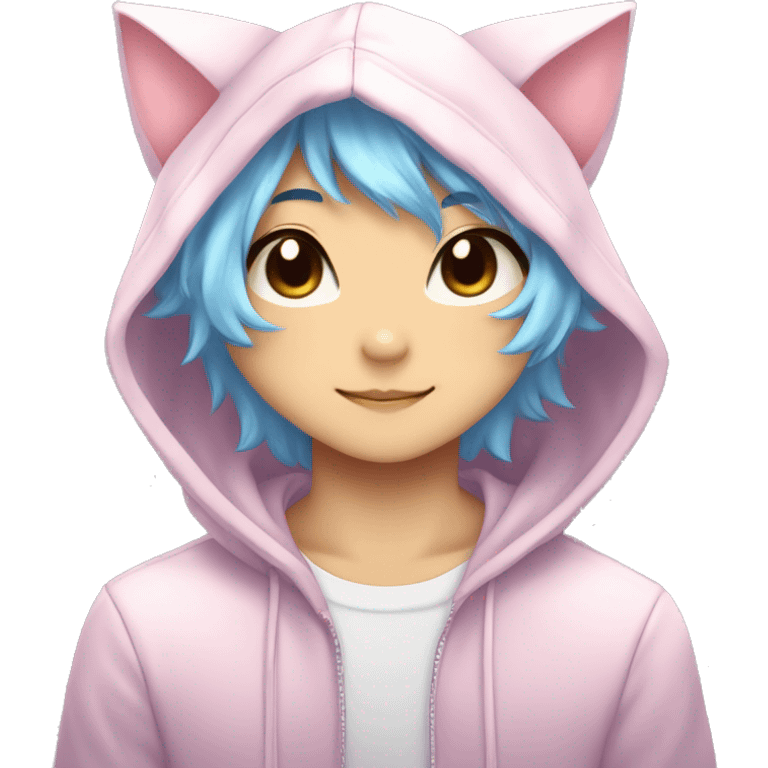 Cute Kawaii Beautiful Gorgeous Sparkly Shiny Blushing Anime Style Catboy With Pretty Hair And Hoodie emoji