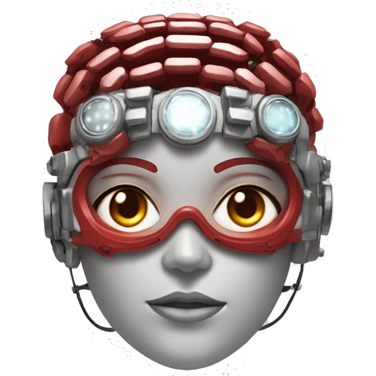 Red skin female cyborg head with silver goggles, silver circuits emoji