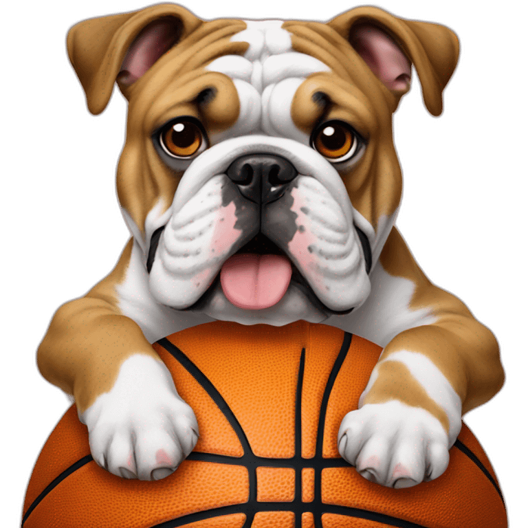 English bulldog on a basketball ball with one visible teeths emoji